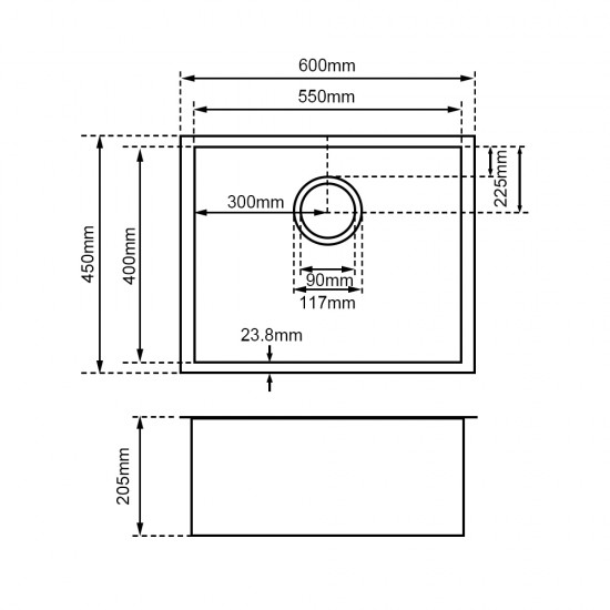 600x450x205mm Dark Grey Stainless Steel Handmade Single Bowl Top/Undermounted Kitchen/Laundry Sinks With Overflow